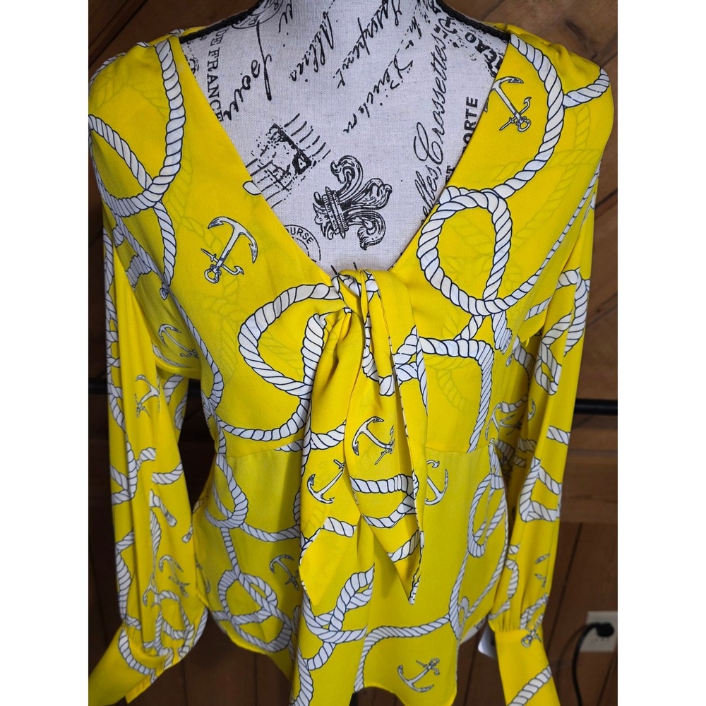 Yellow Nautical Rope Anchor Print Tie Front V-Neck‎ Long Sleeve Blouse Top Women - Picture 4 of 4